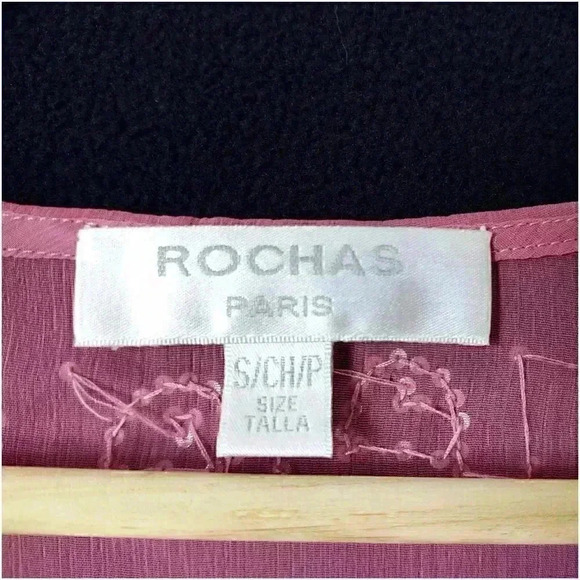Rochas Tunic Top S Long Sleeve Embellished V-Neck Tie Pink Polyester Blouse - Picture 2 of 4
